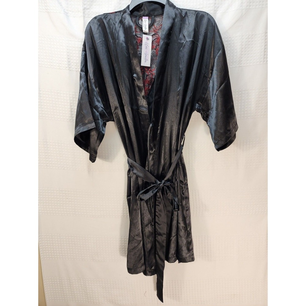 Lilac + London Womens Robe Small Black Red Lace Back Belted Short Sleeve Kimono